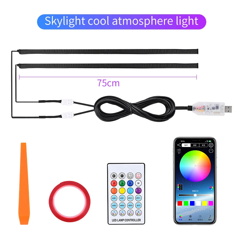 2026 Sunroof LED Strip Ambient Lamp Remote APP Control USB Sunroof Light Car Roof Panoramic Skylight Ambient Light Universal