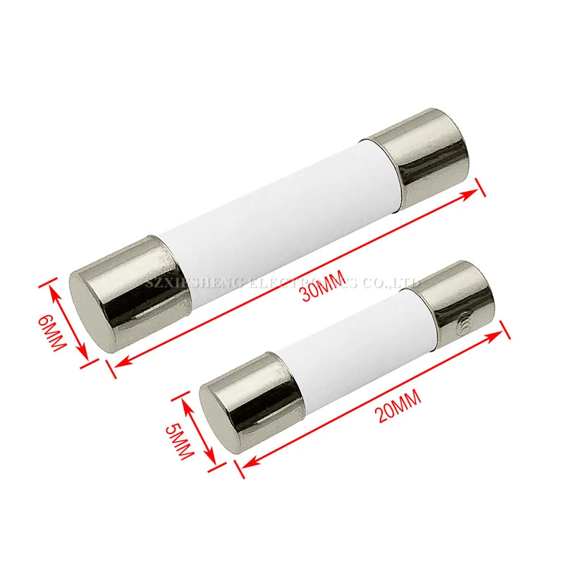 10PCS 5 20/6 30MM Slow-Blow Ceramic Tube Fuse T0.5A 1A 1.6A 