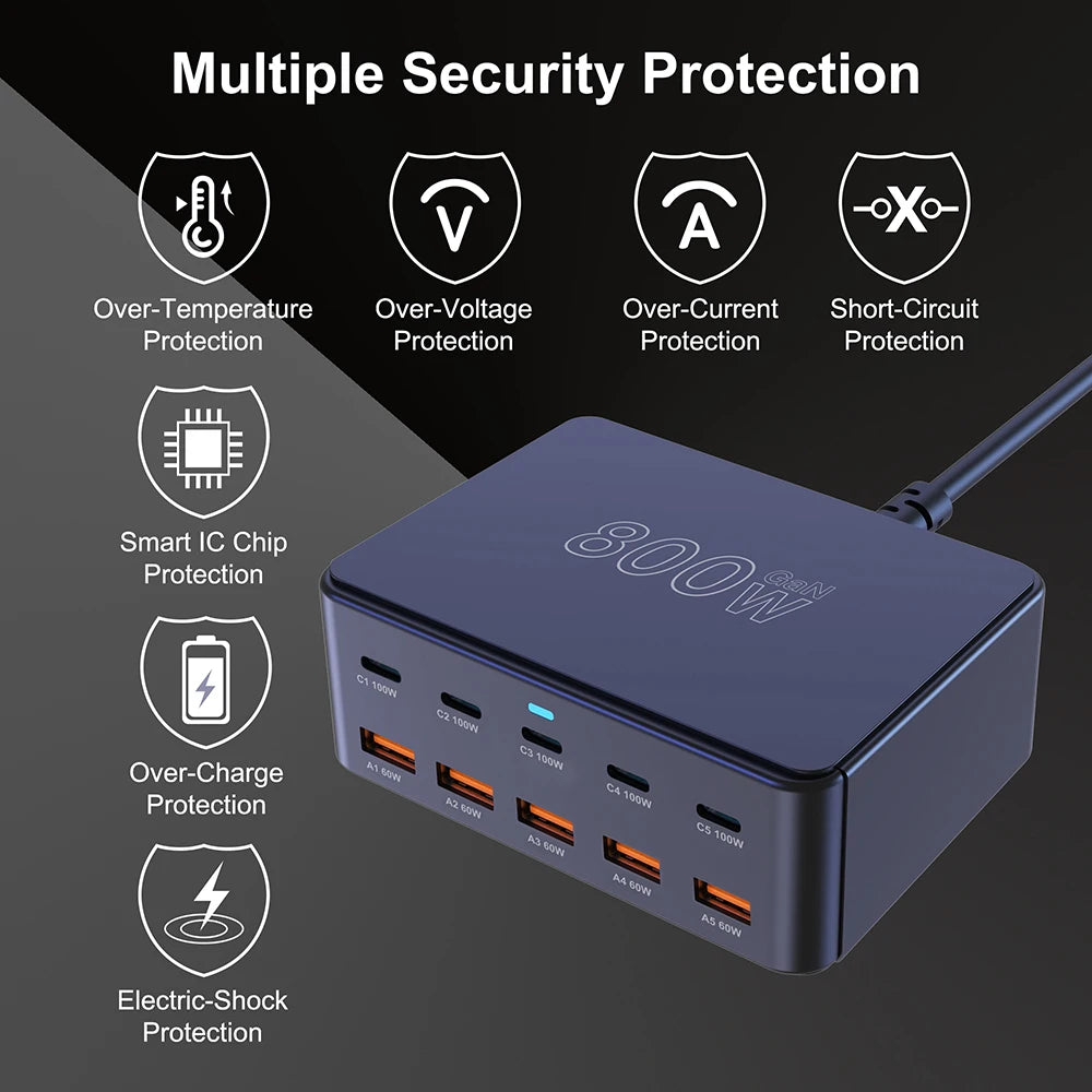 800W USB C GaN Charger 100W PD3.0 PPS QC3.0 Multiport Fast C
