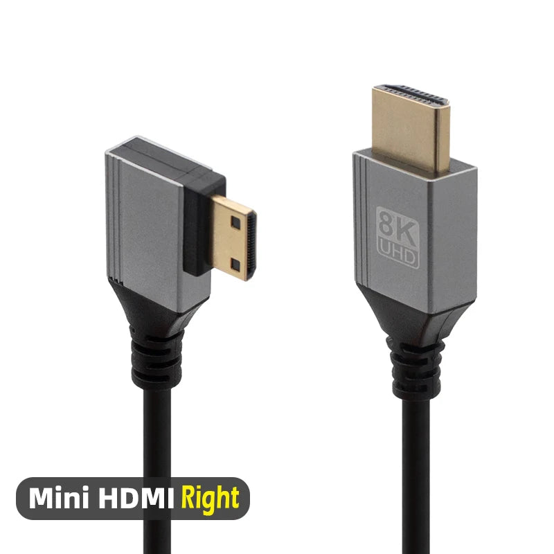 Mini/Micro HDMI-Compatible 8K UHD Cable 90 Degree Up/Down/Left/Right Angle HD Port Thin Cord for Laptop Camera Tablet Camcorder
