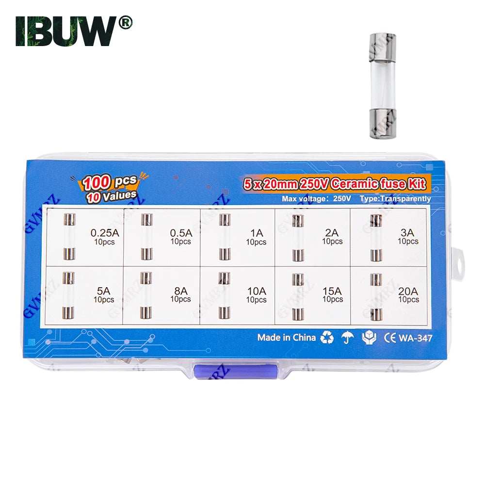 100pcs 5x20mm Quick Blow Glass Tube Fuse Assorted Kit Amp 0.