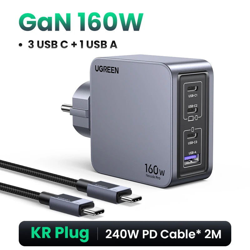 Korean Plug UGREEN 160W GaN Charger PD3.1 QC4.0 Quick Charge For Macbook Pro Laptop iPhone 18 17 Pro Max Xiaomi Tablet iPad