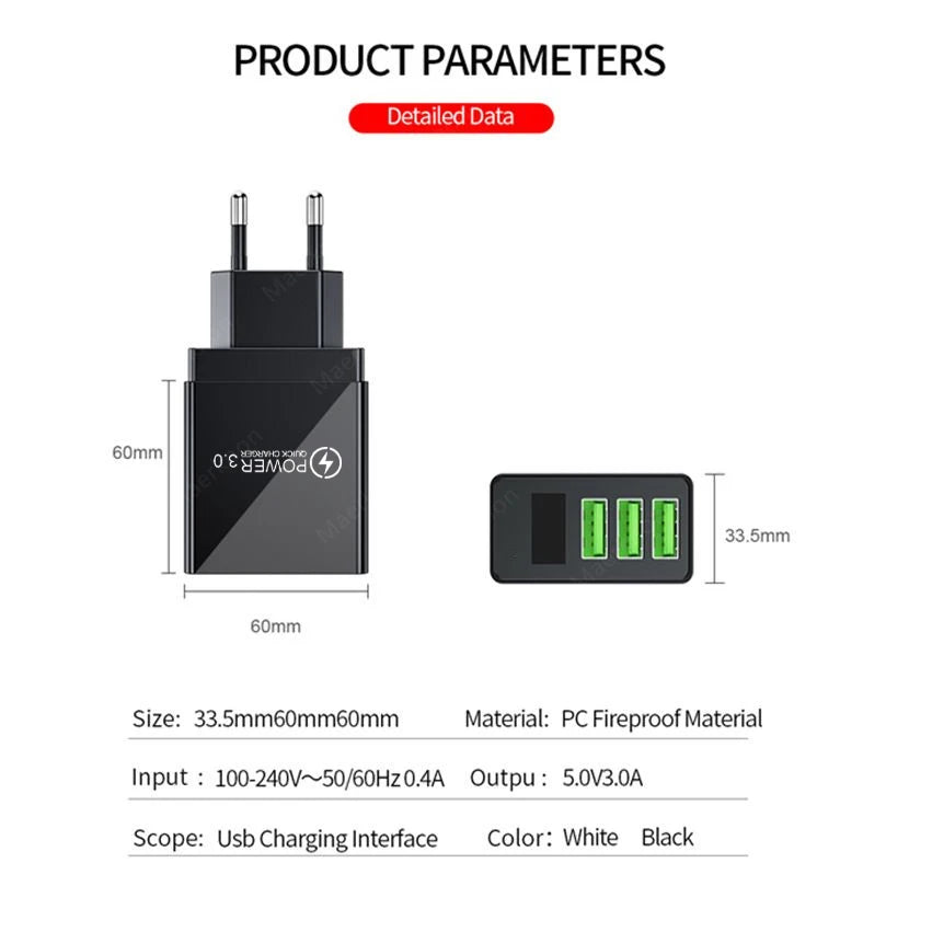 USB Fast Charger 3 Port With LED Display Phone Adapter For i