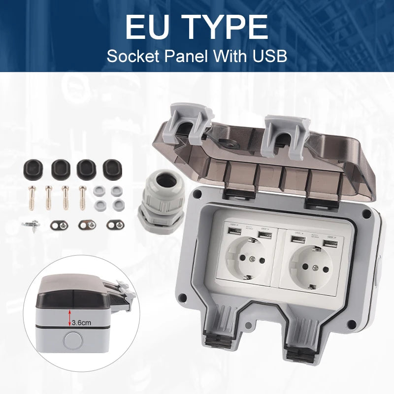 IP66 Germany Standard Outlet Waterproof Outdoor Sockets And Switch Wall European EU Bathroom Double Power With USB Charging Port