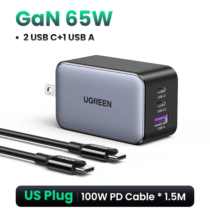UGREEN 65W GaN Charger Quick Charge 4.0 3.0 Type C PD Fast Phone Charger USB Charger For Macbook Pro Laptop iPhone 17 15 15 Pro