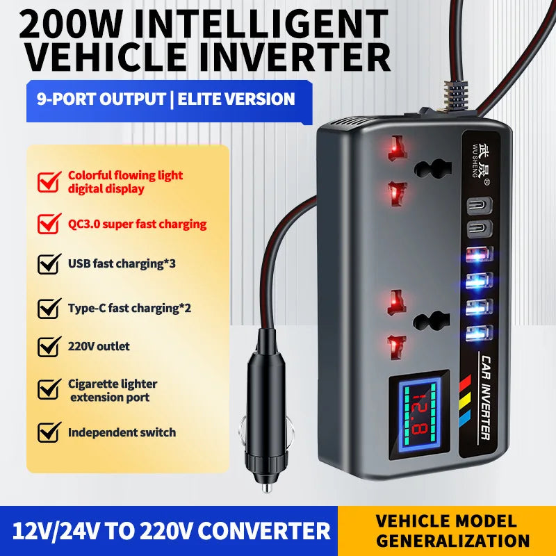 Portable Car Inverter 12V to 110V 24V to 220V Outlet Adapter with 4 USB Ports Fast Charging Car Charger for Auto Truck SUV RV