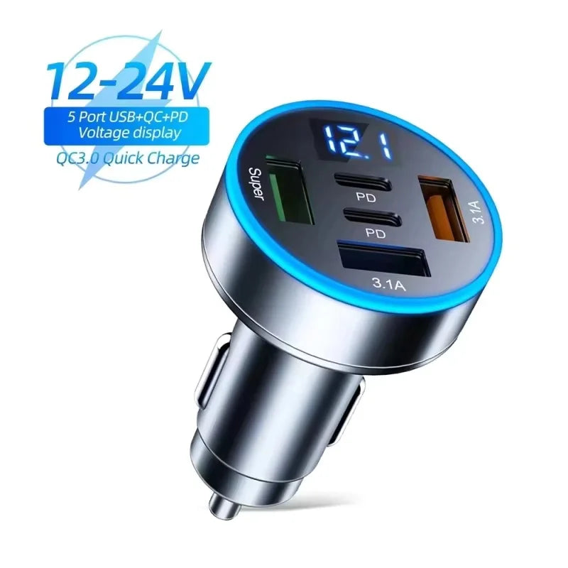 250W 5-in-1 PD QC3.0 Car Charger Fast Charging USB C for IPh