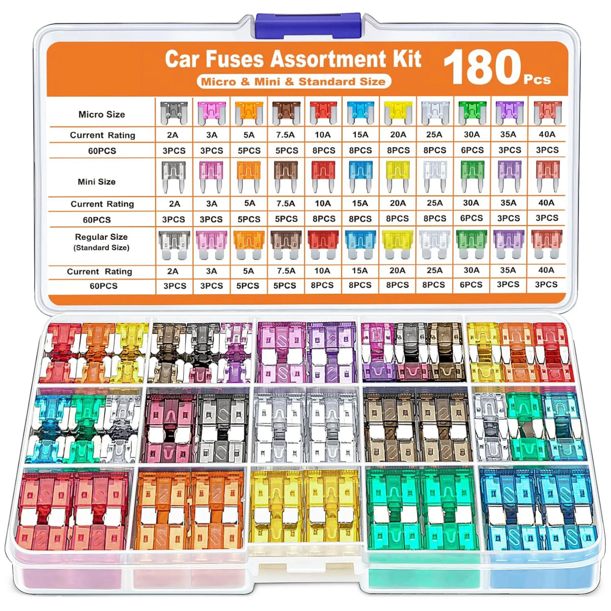 180Pcs Car Fuses Assorted Kit 60 Mini Blade Car Fuse +60 Sta