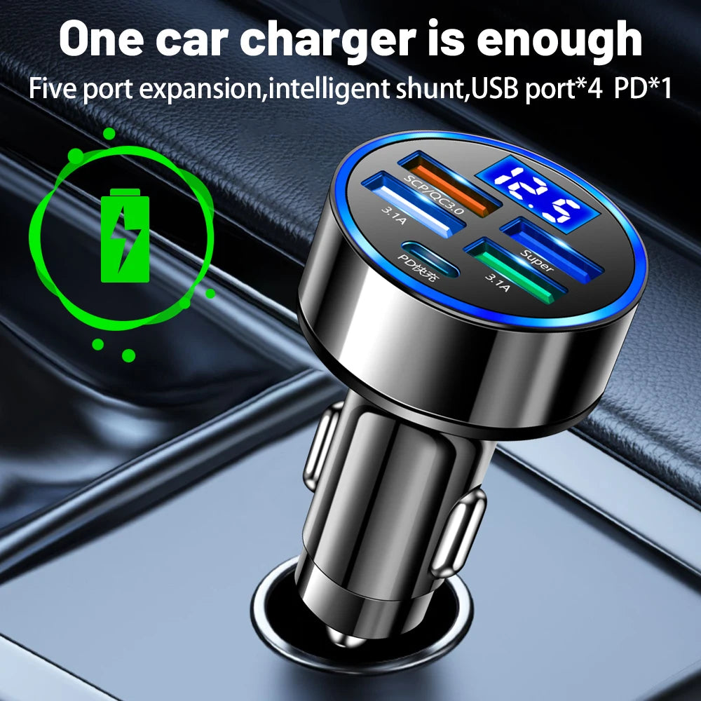 250W LED Car Charger 5 Ports Fast Charge PD QC3.0 USB C Car 