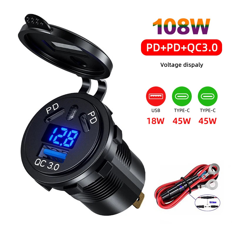 12V/24V USB Outlet 108W 3 Ports Car Charger Socket Dual 45W PD Type C & 18W QC 3.0 Motorcycle Socket Power Outlet Charge Adapter