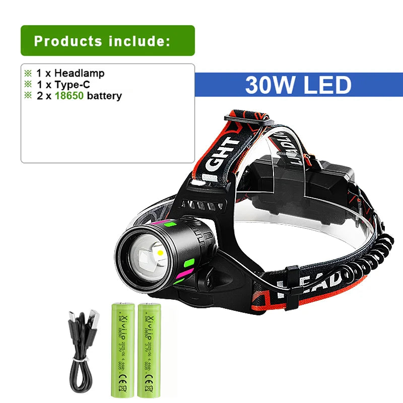 2026 New High Power 1200W LED Headlight 990000000LM Zoom Waterproof Headlamp Super Bright Outdoor Camping Work Hunting Lantern