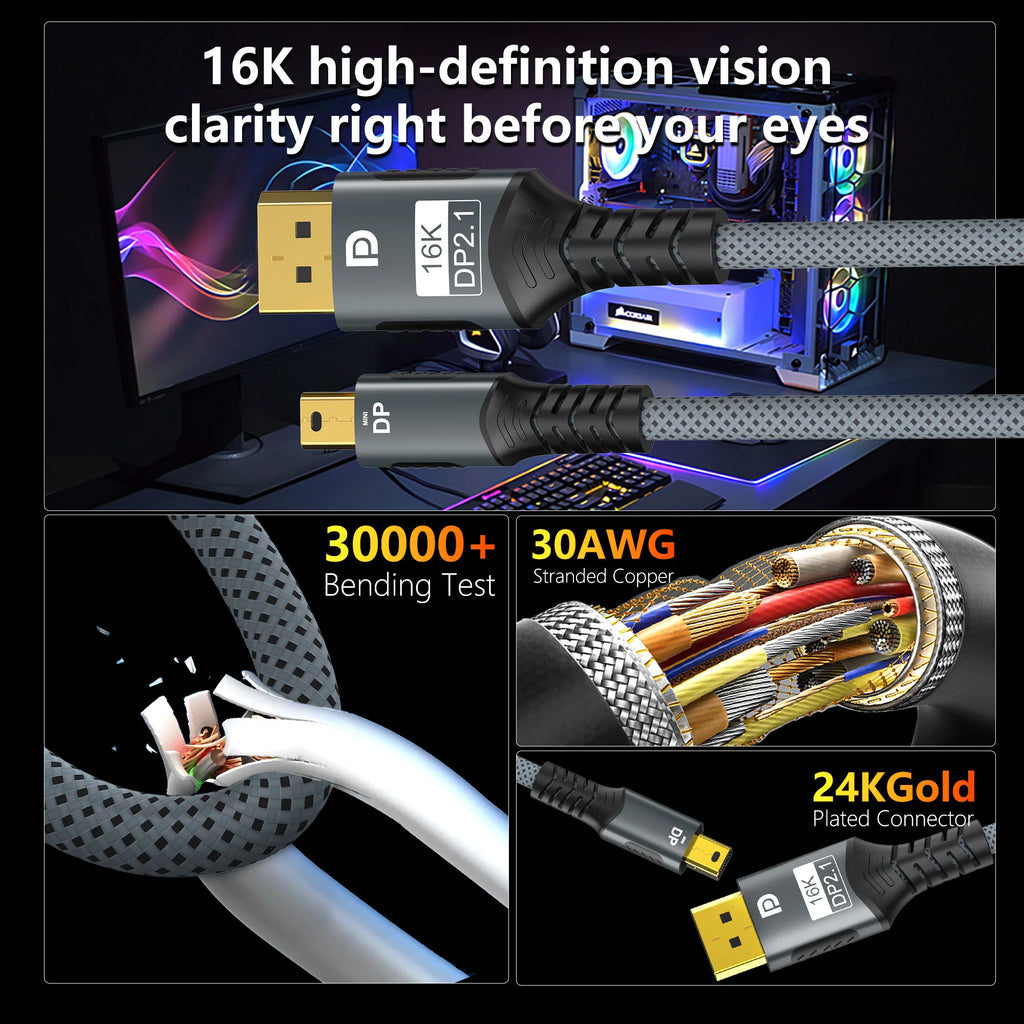 Mini DP to DisplayPort 8K Cable DP1.4 Bi-Directional Convers