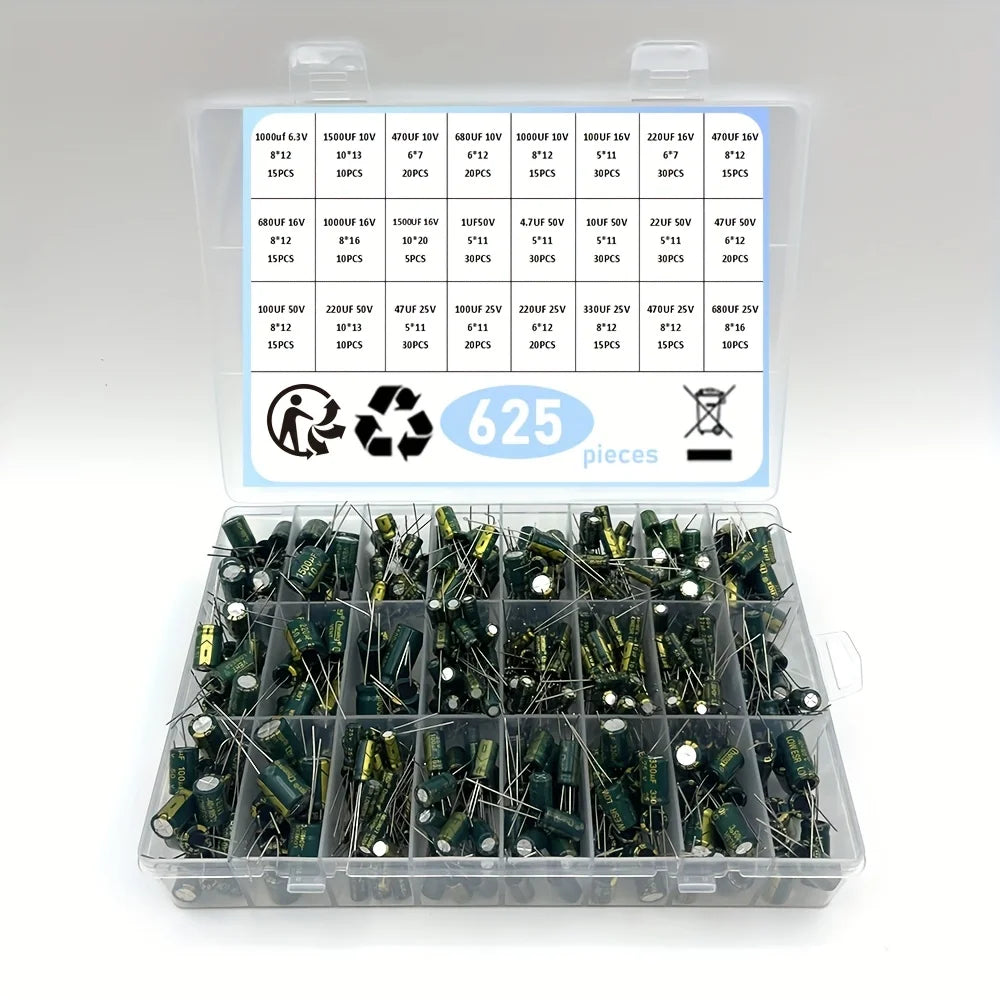 625Pcs 24Values Aluminum Electrolytic Capacitor Kit 10V-100V
