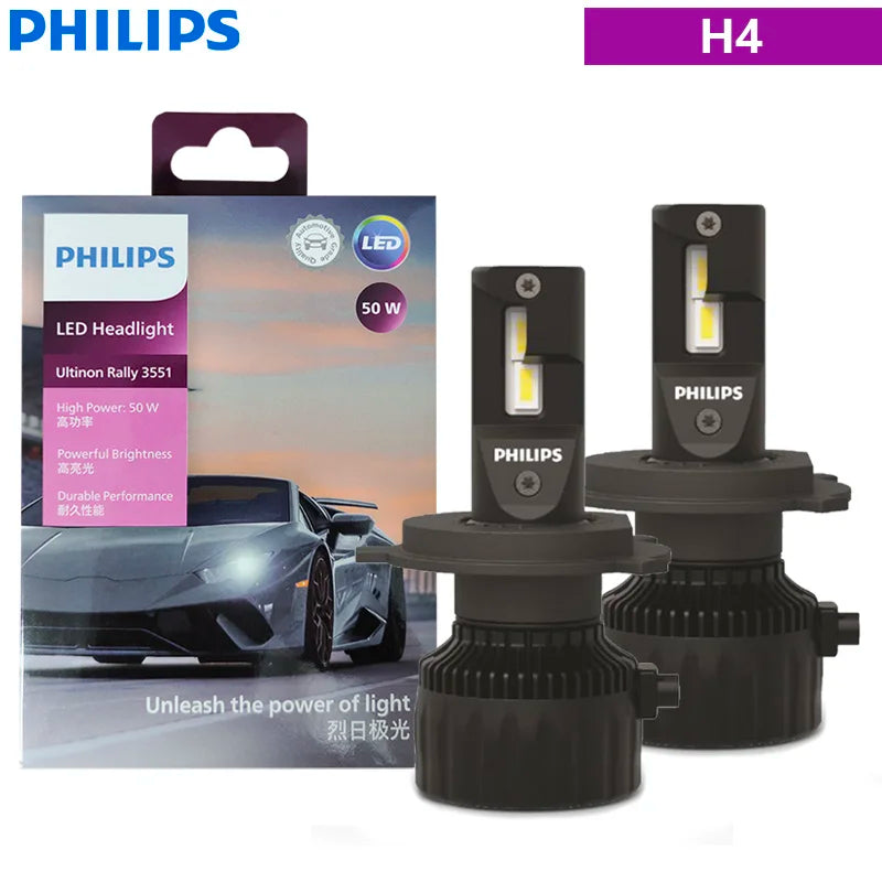 Philips Ultinon Rally 3551 LED H4 H7 H11 HB3 HB4 HIR2 Max Power 50W 4500LM Car Headlight 6500K White Max Lumen Watt LED Bulbs 2X