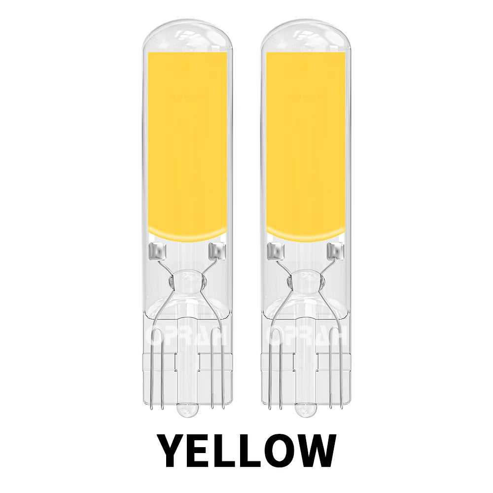 2pcs LED W5W T10 Car Lights COB Glass Interior Signal Lamps Canbus Dome Reading Bulb Door Lighting Side Parking 12V White Yellow