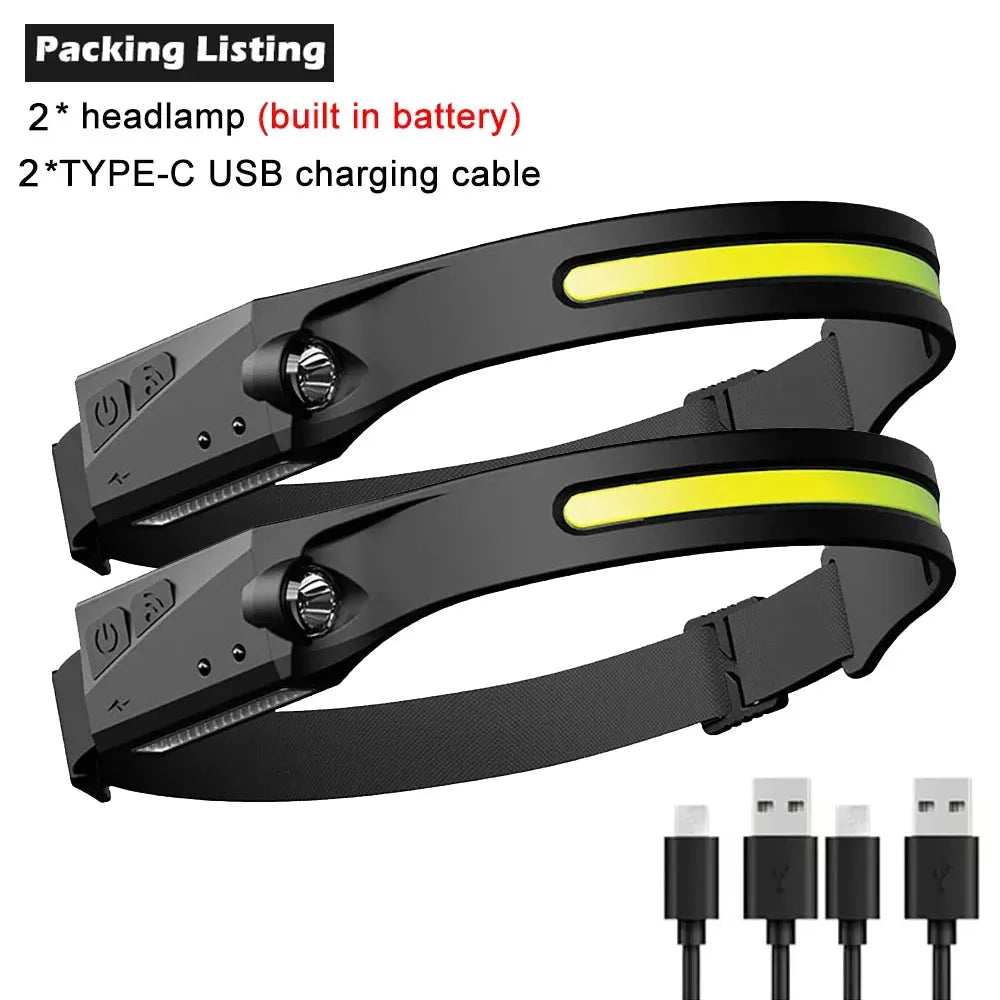 COB LED Headlamp Sensor Headlight with Built-in Battery Flashlight USB Rechargeable Head Lamp Torch 5 Lighting Modes Work Light