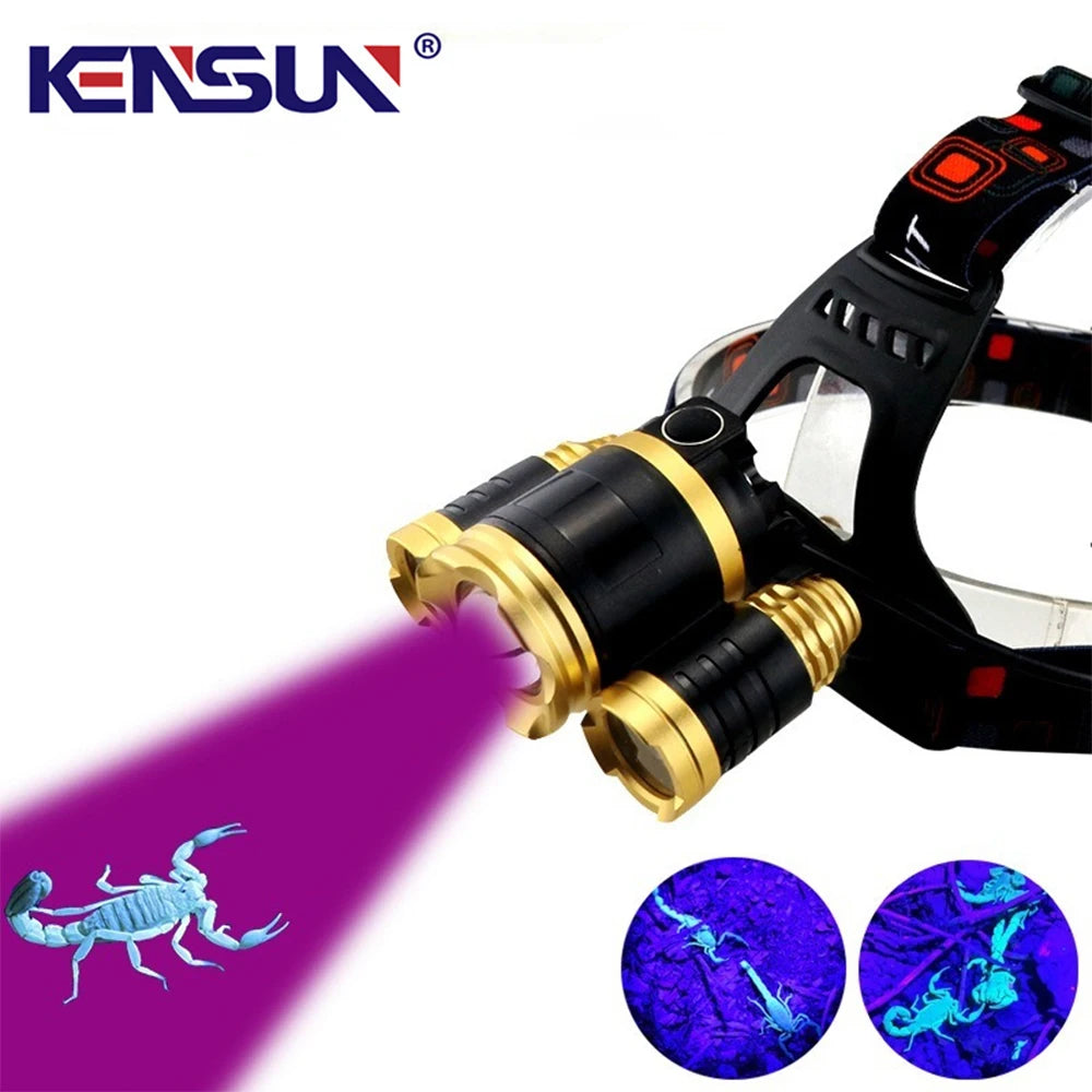 Powerful 3-head LED Headlamp White/UV Light Scorpion Head La
