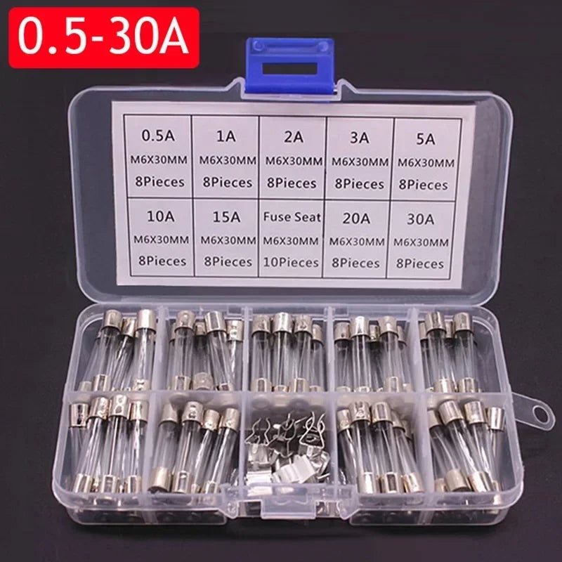 100/72pcs 5 20 6 30 Fast Melting Glass Tube Fuse Car Glass Tube Fuse Set with Box 0.2-20A 0.5-30A Household Fuse