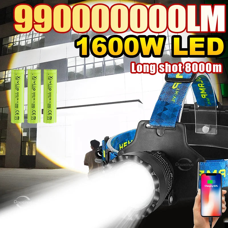 1600W Super Bright LED Headlight Hight Power Head Torch USB 