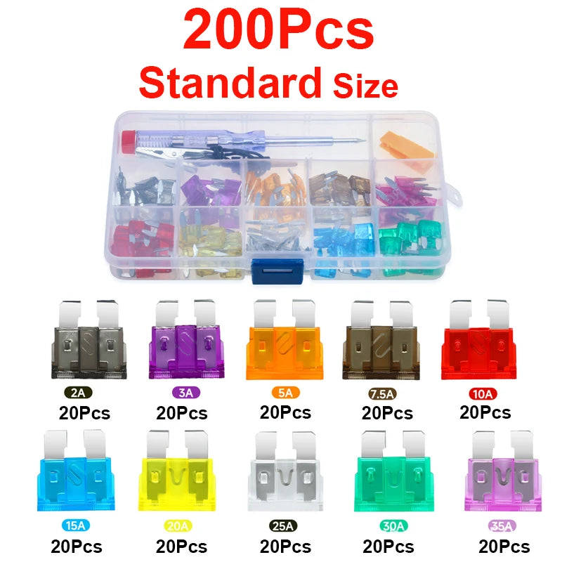 100/200Pcs Car Blade Fuse Assortment Kit Auto Truck Automotive Medium Small Sizes Mixed Motorcycle Circuit Fuse With Box 2A-35A
