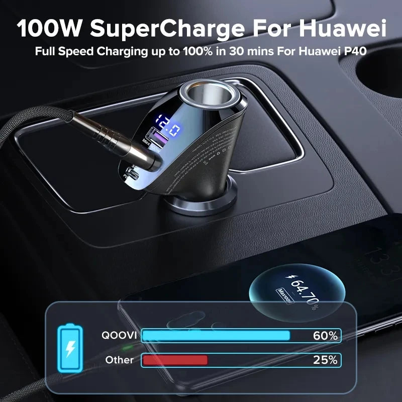 QOOVI 150W 4-Ports Car Charger USB Type C Super Fast Chargin