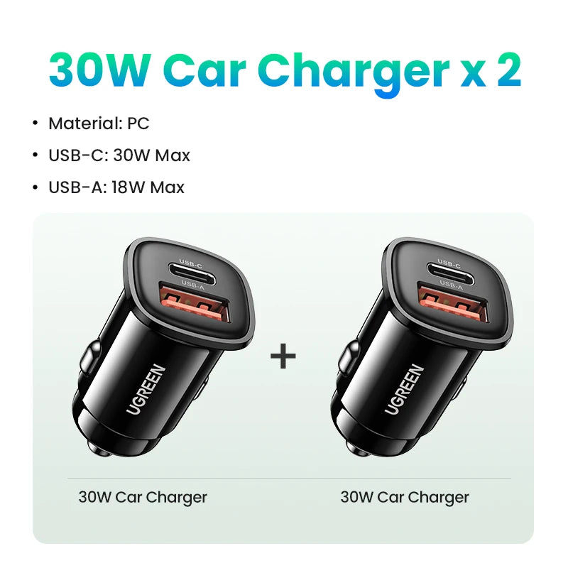 NEW-IN UGREEN USB Car Charger 30W Quick Charge 4.0 QC4.0 QC3.0 PD Type C Fast Car USB Charger For iPhone 17 Xiaomi Mobile Pho