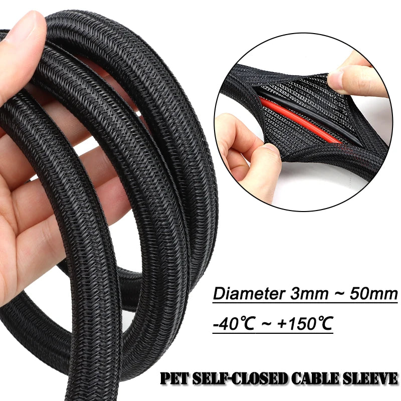 2/10m Black PET Braided Self-Closing Cable Sleeve Dia 3mm 50