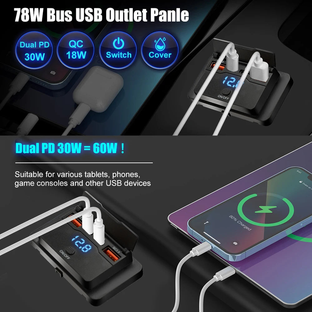 4 Ports Dual PD Dual QC 3.0 USB Car Charger with Switch 96W 