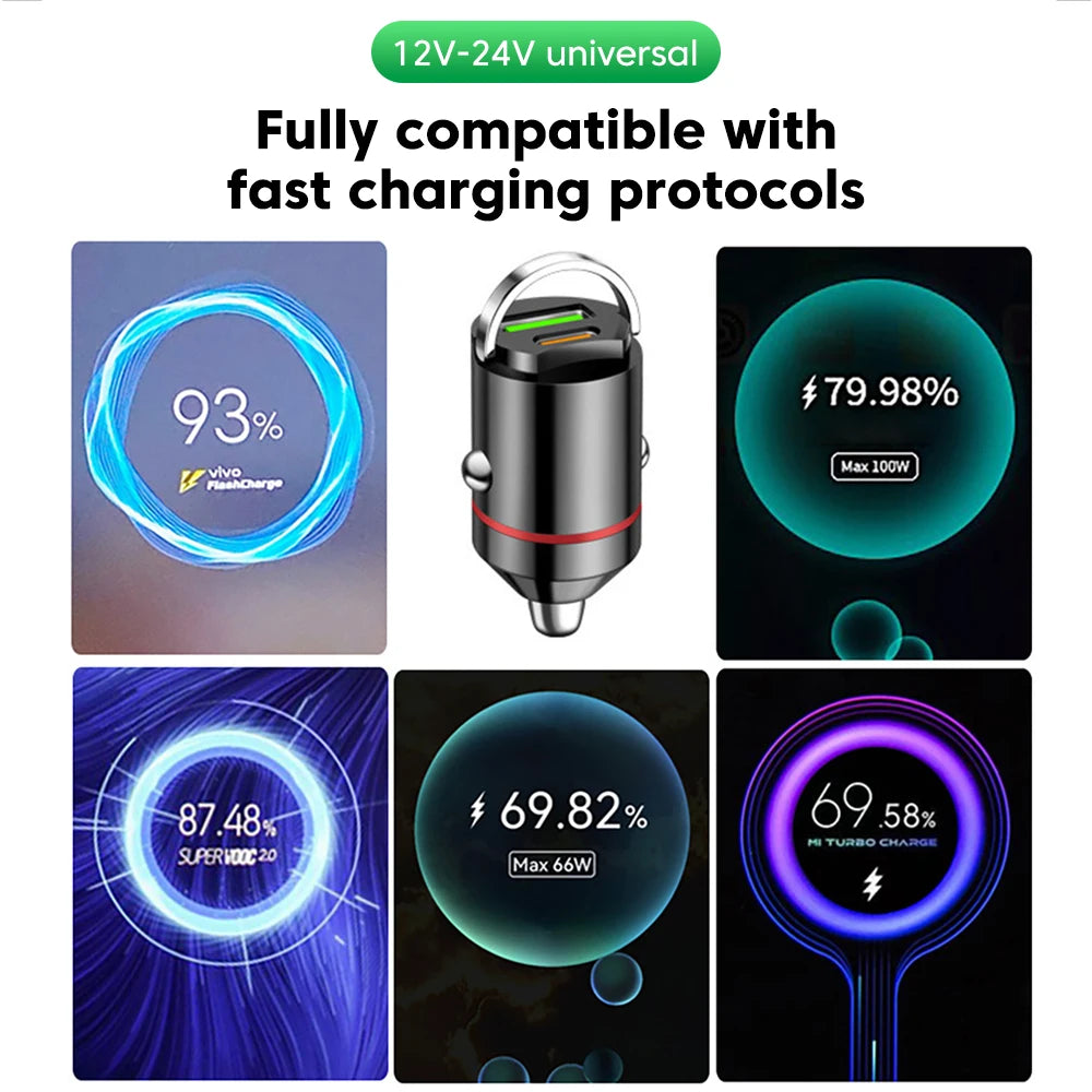 100W Dual Ports Mini Car Pull Ring Charger PD30W USB Type C 