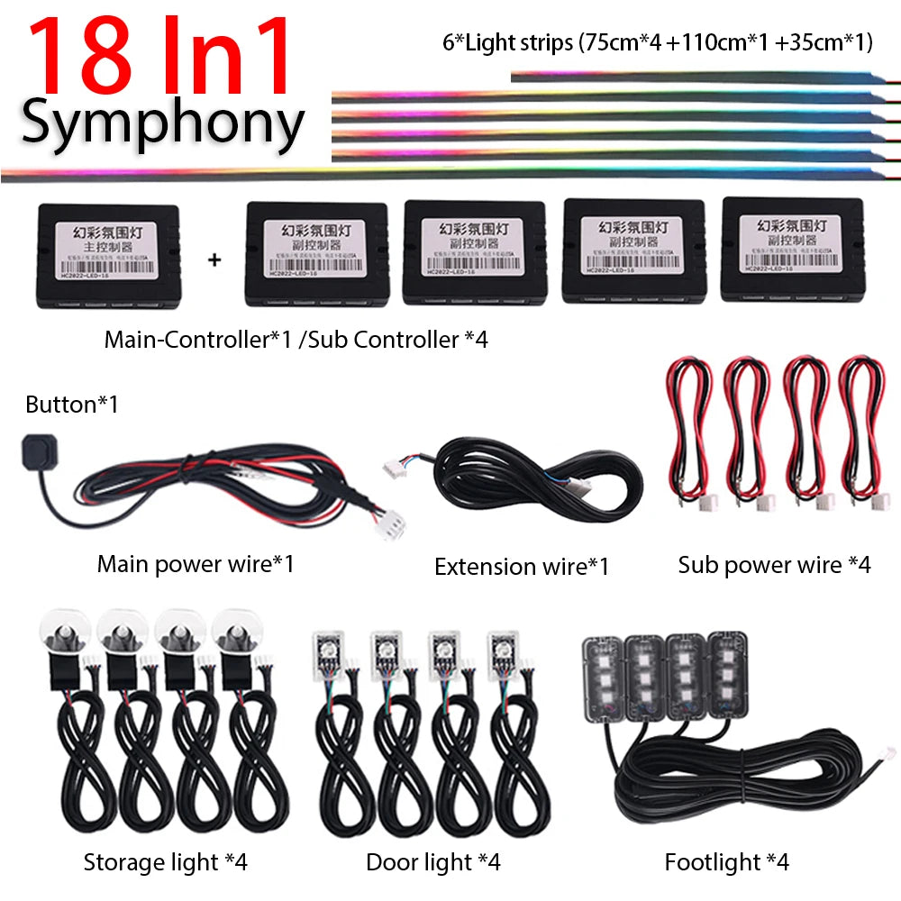18 in 1 Newest Hidden Car LED Ambient Light Smoke Matt Black Acrylic Strip RGB Symphony Interior Decoration Atmosphere Light Kit