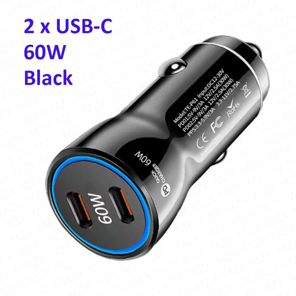 MZX 60W Smart Car Charger PD Type C Quick Dual USB A Fast Charging 12V 12 V Volt Cigar Lighter Ultra QC Charge Mobile Cell Phone