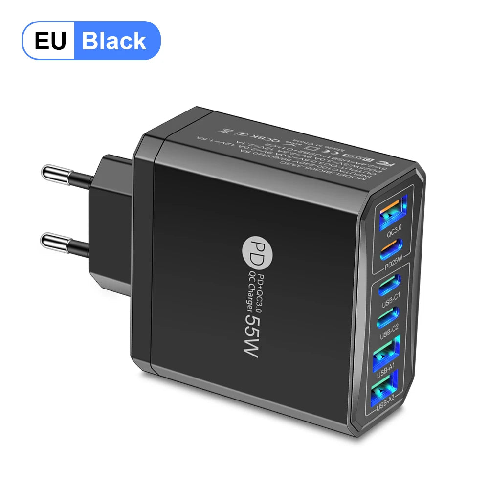 55W 3 USB 3 PD Charger Fast Charging QC3.0 Travel Charger For iPhone 15 14 Samsung Xiaomi Mobile Phone Adapter EU KR US UK Plug