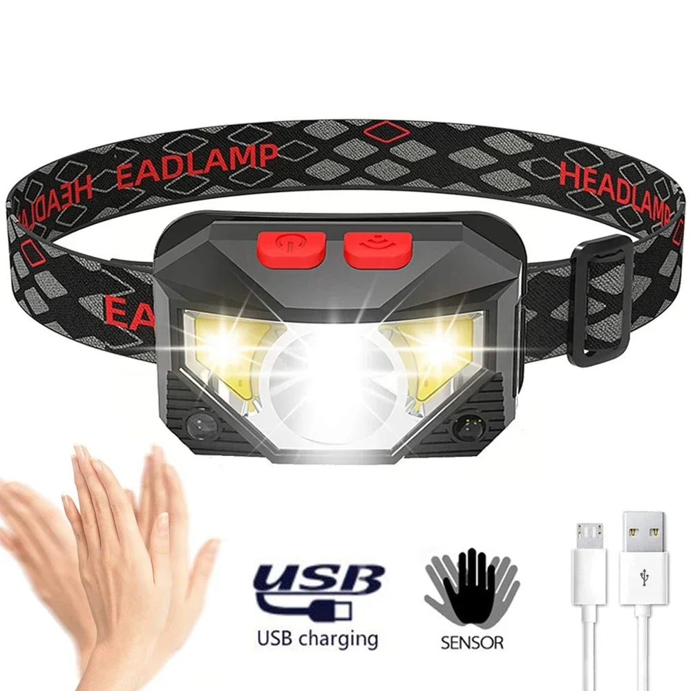 New 2000LM Ultra Bright 9 LED Headlamp USB C Rechargeable Headlight 10 Modes Waterproof Motion Sensor Head Lamp Work Flashlight