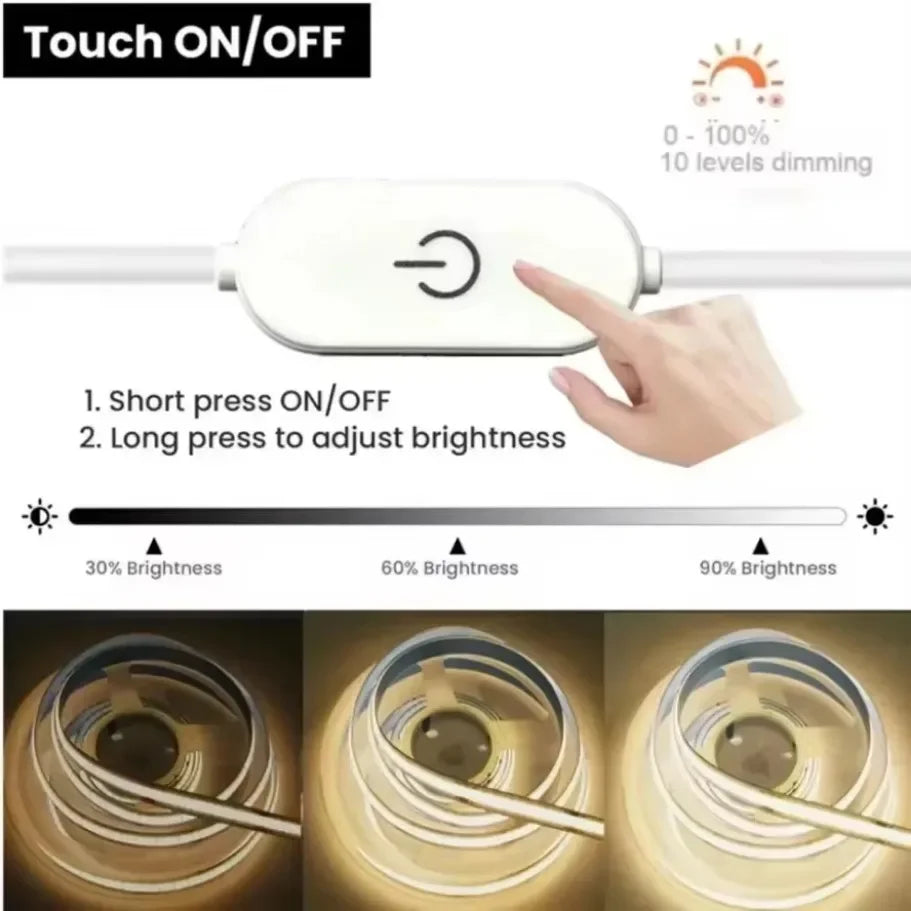 5V USB COB LED Strip 1-5M 320LEDs/M Touch Sensor Dimmable Fl