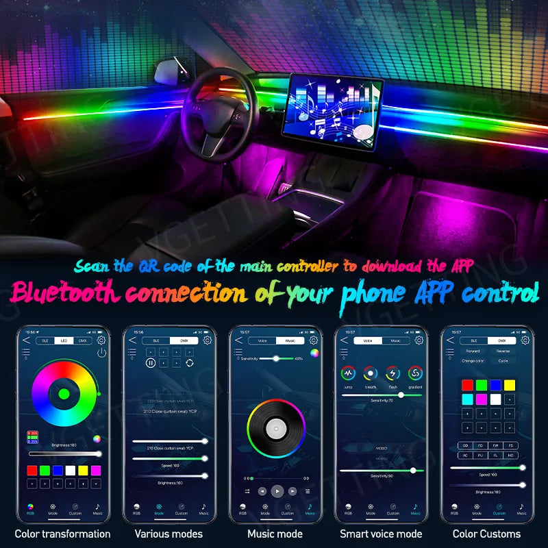 Full Color Streamer Car Ambient Lights RGB 64 Color Universa