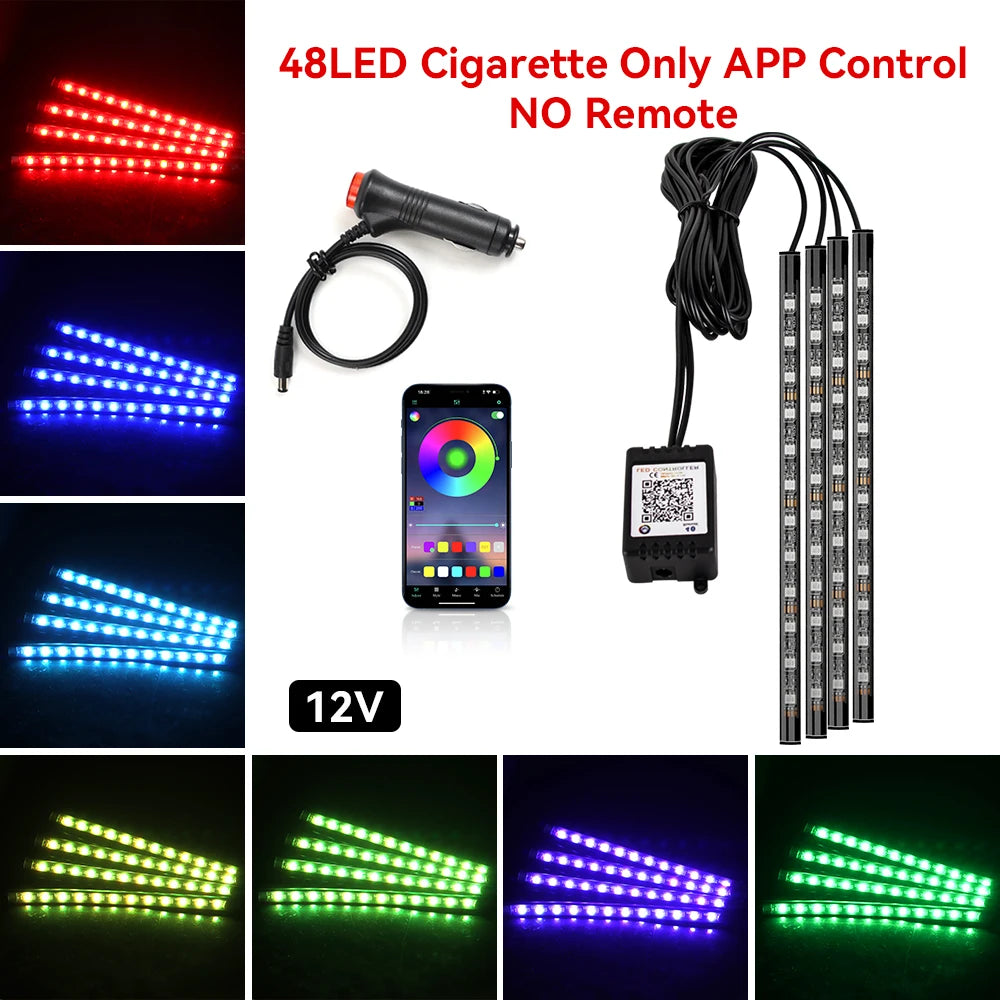 72/48/36 LED RGB Car Foot Ambient Light with USB Cigarette Automotive Interior Lights Strip Decoration Bar Remote/Voice Control
