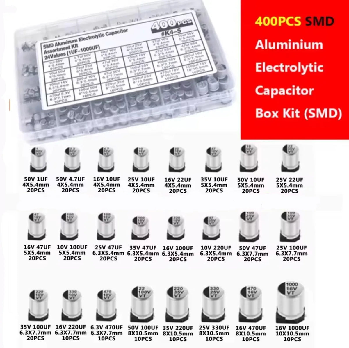 145PCS/400PCS Capacitor Kit Aluminum Electrolytic SMD Conden