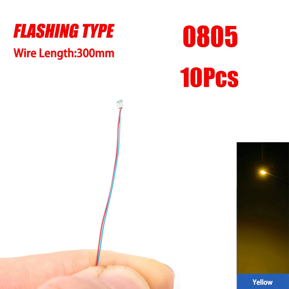 10Pcs 0805 Flashing LED SMD Wire for Model Train HO N OO Scale Red Blue Line Pre-soldered Micro Litz Railway DIY Kit 3V 30cm