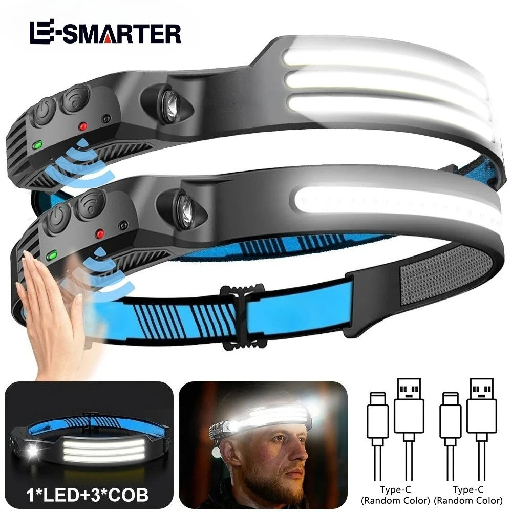 Induction Headlamp COB+LED Head Flashlight Built in Battery 