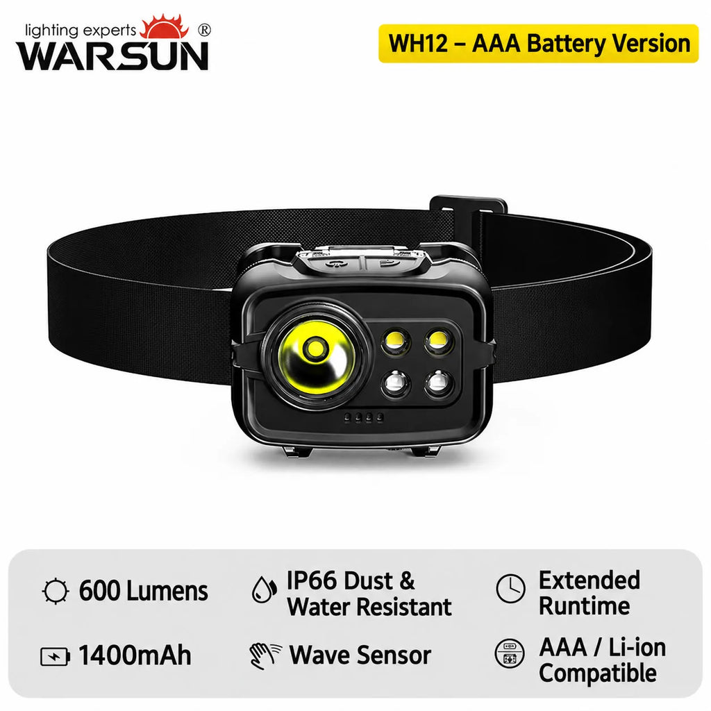 WARSUN WH12 Super Bright Rechargeable Headlamp Replaceable Battery Motion Sensor LED Headlight for Night Fishing Camping and H