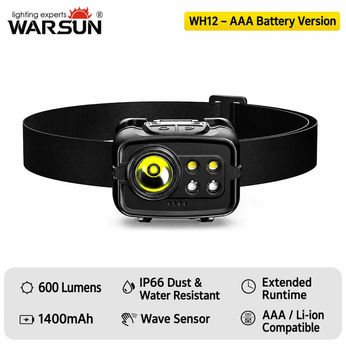 WARSUN WH12 Super Bright Rechargeable Headlamp Replaceable Battery Motion Sensor LED Headlight for Night Fishing Camping and H