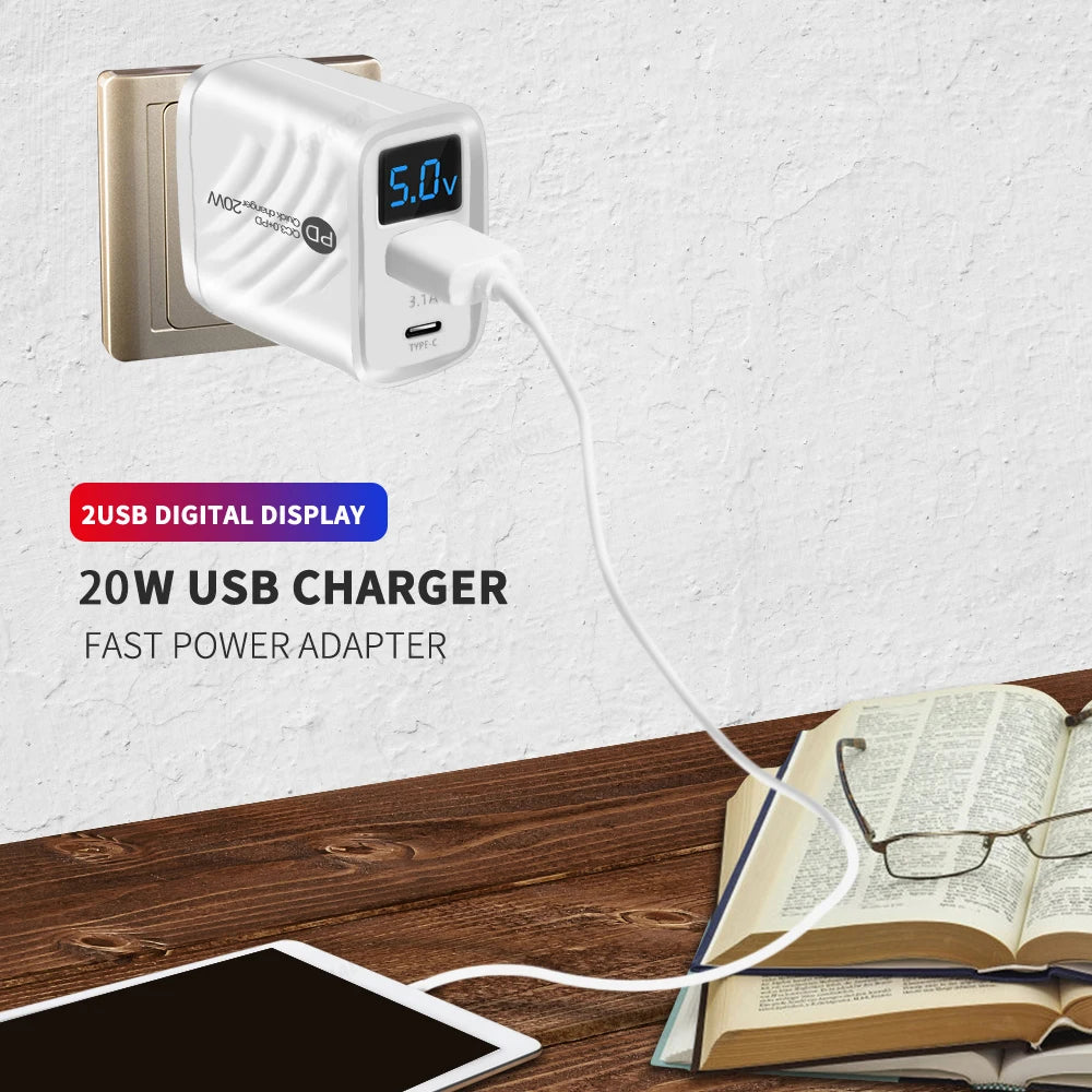 PD 20W USB Type C Charger Fast Charging Digital Display Phon