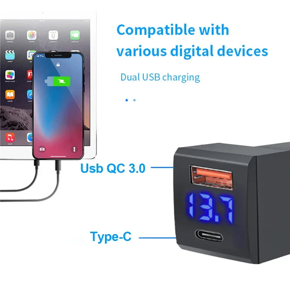 PD 48W USB C QC3.0 Port Car Charger 12/24V Voltmeter LED Wat