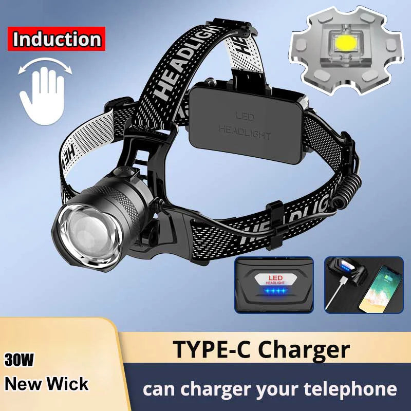 2025 New Super Powerful Headlamp 800W LED IR Sensor Headlight Rechargeable Head Flashlight 5000 Meter Head Lamp Fishing Lantern