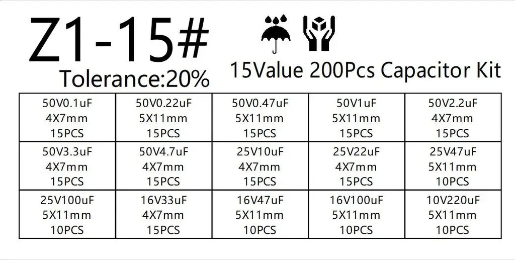 200pcs/lot Radial capacitors set 15Values 10V 16V 25V 50V 0.
