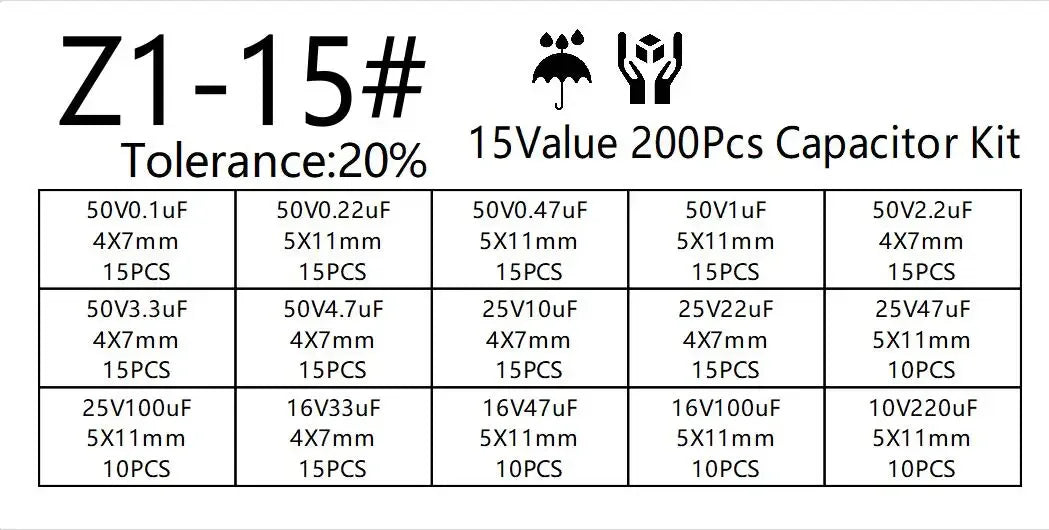 200pcs/lot Radial capacitors set 15Values 10V 16V 25V 50V 0.