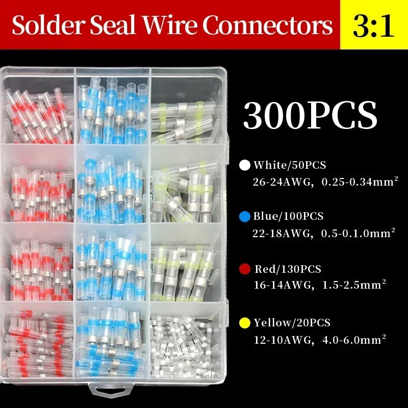 50 500Pcs Boxed Solder Seal Wire Connectors 3 1 Heat Shrink Insulated Electrical Wire Terminals Butt Splice Connector Waterproof