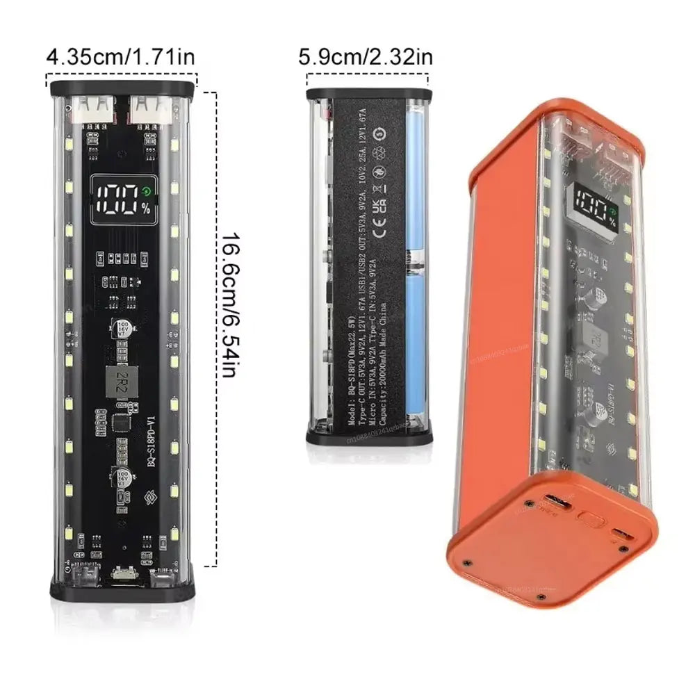 Transparent Shell 18650 Power Bank Case 22.5W Fast Charging 