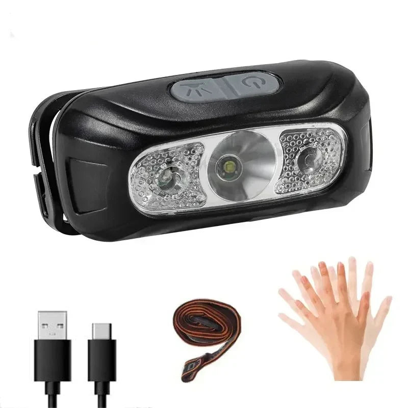 Sensor Headlamp LED Head Flashlight Rechargeable Headlight Head Torch Built-in Battery 5 Lighting Modes Fishing Camping Lantern