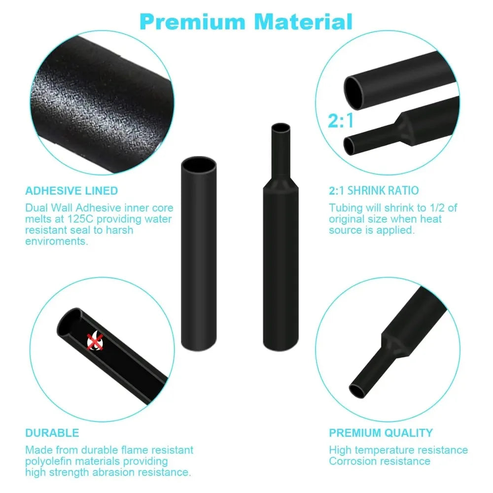 Black Heat Shrink Tubing Kit for Wire Cable Repair Polyolefi